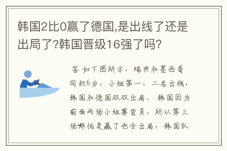 韩国2比0赢了德国,是出线了还是出局了?韩国晋级16强了吗？