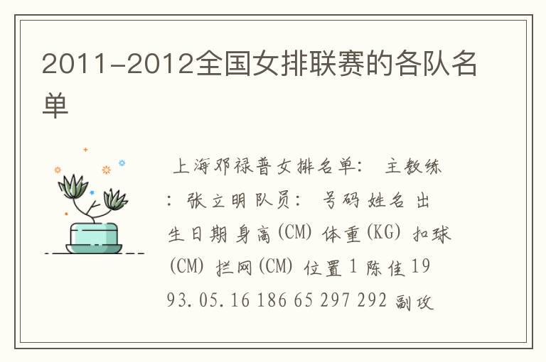 2011-2012全国女排联赛的各队名单