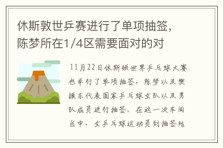 休斯敦世乒赛进行了单项抽签，陈梦所在1/4区需要面对的对手是谁？