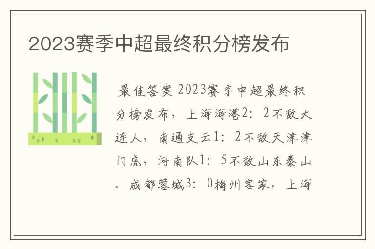 2023赛季中超最终积分榜发布