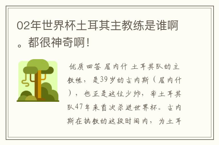 02年世界杯土耳其主教练是谁啊。都很神奇啊！