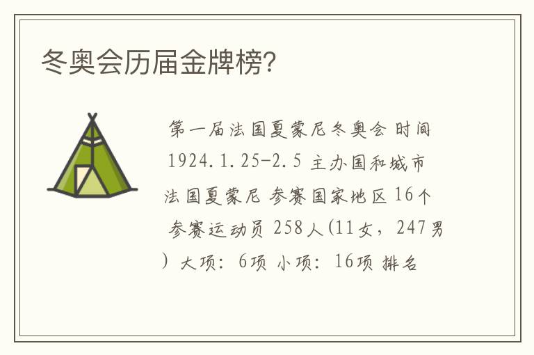 冬奥会历届金牌榜？