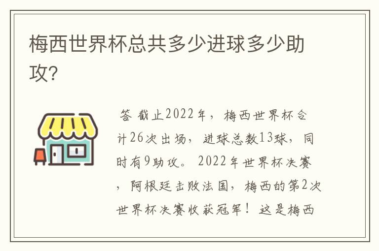 梅西世界杯总共多少进球多少助攻？