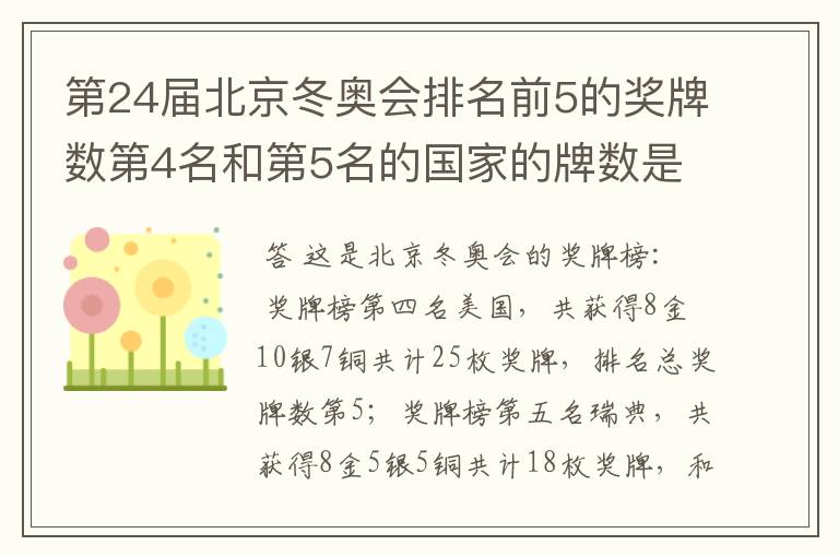 第24届北京冬奥会排名前5的奖牌数第4名和第5名的国家的牌数是多少？