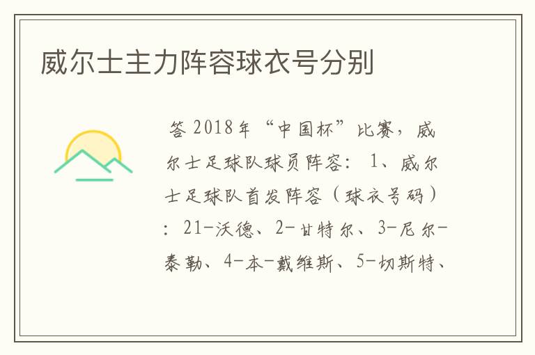 威尔士主力阵容球衣号分别