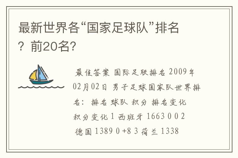 最新世界各“国家足球队”排名？前20名？