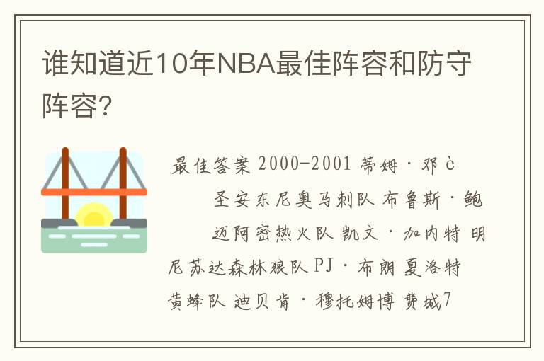 谁知道近10年NBA最佳阵容和防守阵容?