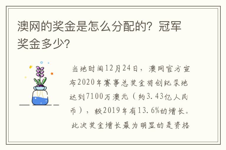 澳网的奖金是怎么分配的？冠军奖金多少？