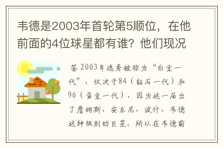 韦德是2003年首轮第5顺位，在他前面的4位球星都有谁？他们现况如何？