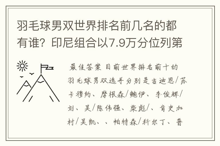 羽毛球男双世界排名前几名的都有谁？印尼组合以7.9万分位列第一吗？