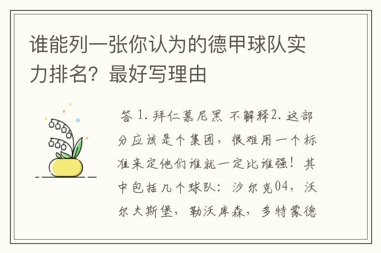 谁能列一张你认为的德甲球队实力排名？最好写理由