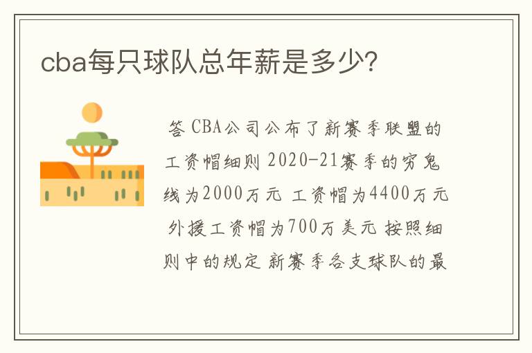 cba每只球队总年薪是多少？