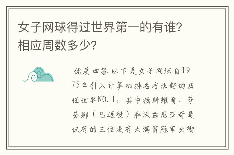 女子网球得过世界第一的有谁？相应周数多少？