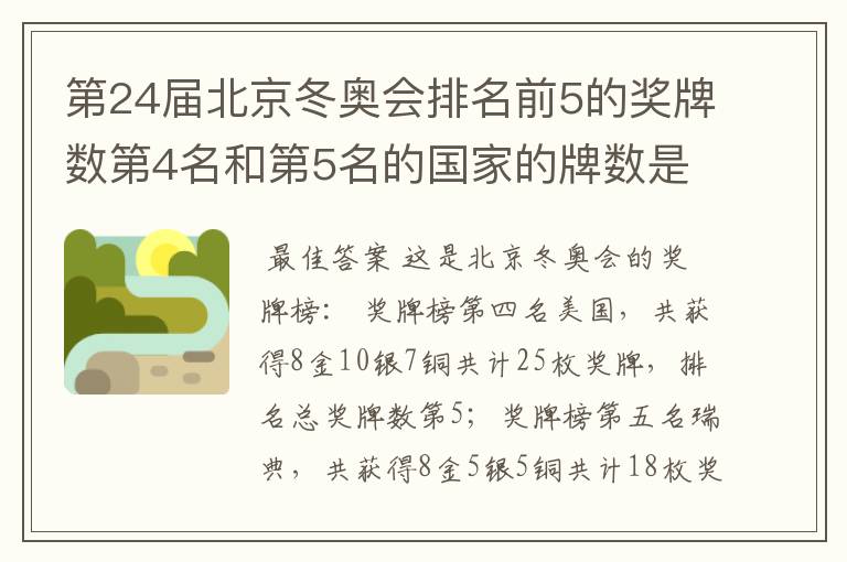 第24届北京冬奥会排名前5的奖牌数第4名和第5名的国家的牌数是多少？