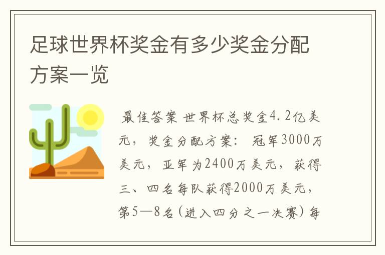 足球世界杯奖金有多少奖金分配方案一览