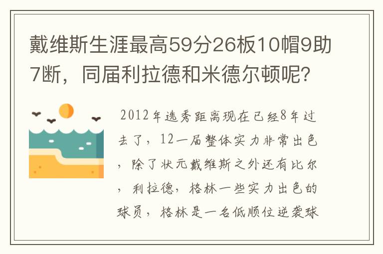 戴维斯生涯最高59分26板10帽9助7断，同届利拉德和米德尔顿呢？