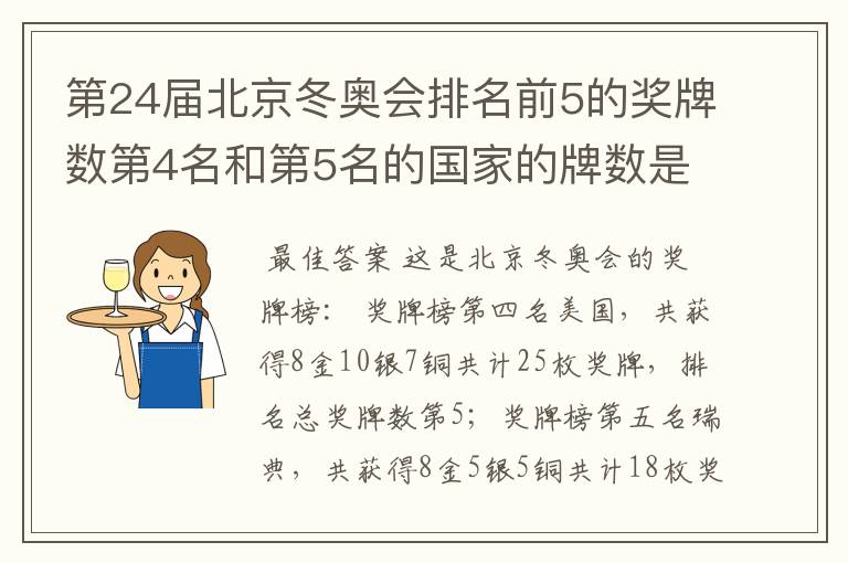 第24届北京冬奥会排名前5的奖牌数第4名和第5名的国家的牌数是多少？