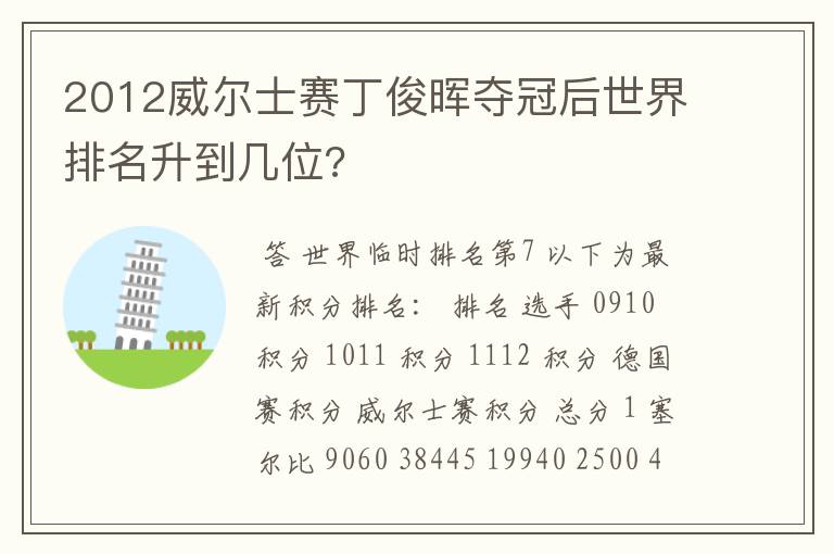 2012威尔士赛丁俊晖夺冠后世界排名升到几位?