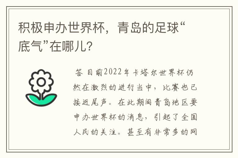 积极申办世界杯，青岛的足球“底气”在哪儿？