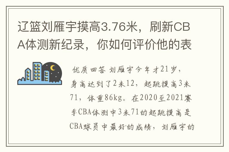 辽篮刘雁宇摸高3.76米，刷新CBA体测新纪录，你如何评价他的表现呢？