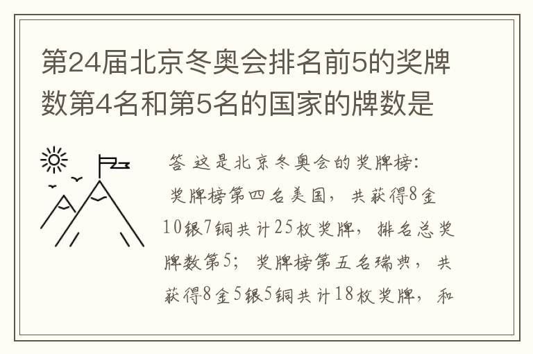 第24届北京冬奥会排名前5的奖牌数第4名和第5名的国家的牌数是多少？