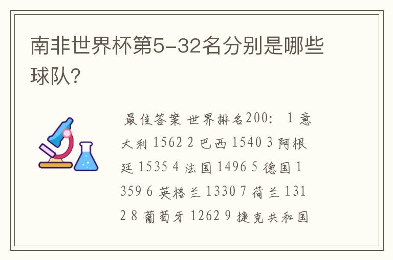 南非世界杯第5-32名分别是哪些球队？