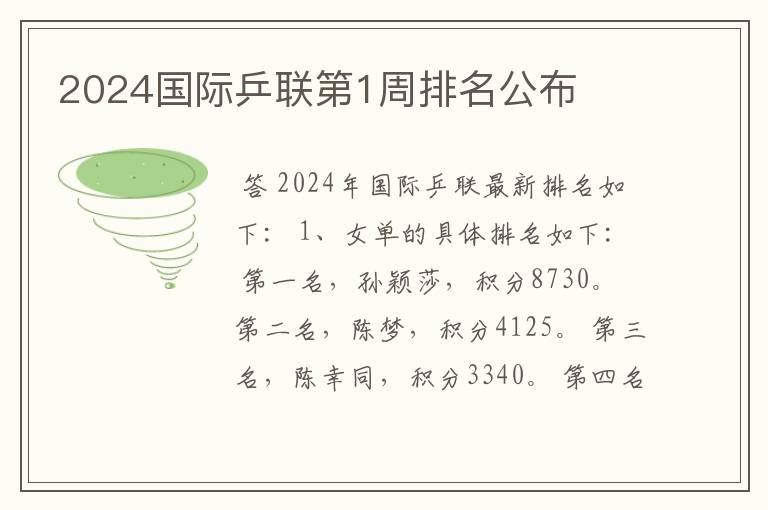 2024国际乒联第1周排名公布