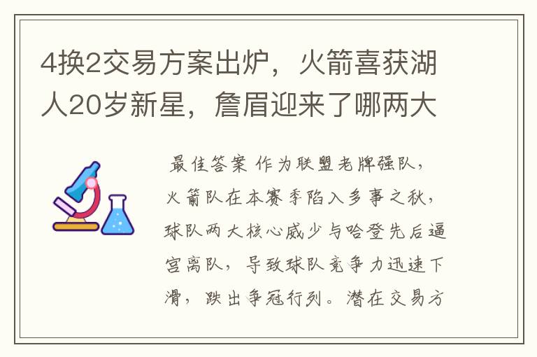 4换2交易方案出炉，火箭喜获湖人20岁新星，詹眉迎来了哪两大帮手？