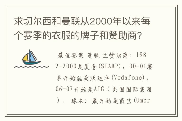 求切尔西和曼联从2000年以来每个赛季的衣服的牌子和赞助商?