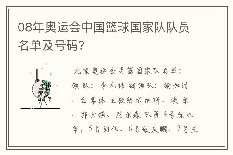 08年奥运会中国篮球国家队队员名单及号码？