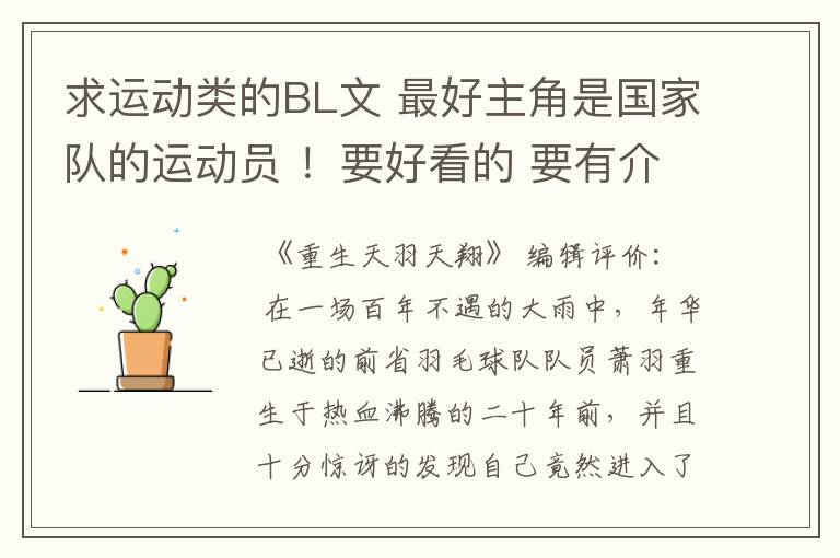 求运动类的BL文 最好主角是国家队的运动员 ！要好看的 要有介绍的