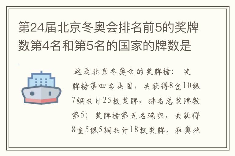 第24届北京冬奥会排名前5的奖牌数第4名和第5名的国家的牌数是多少？