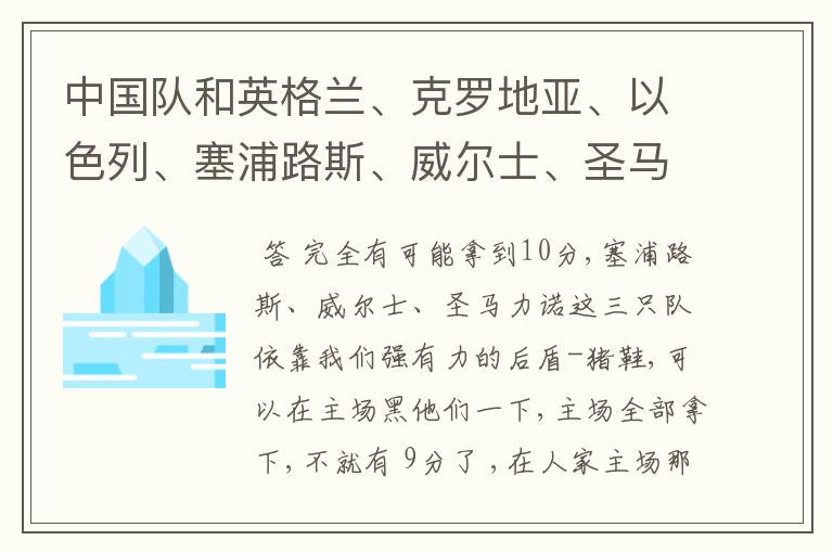 中国队和英格兰、克罗地亚、以色列、塞浦路斯、威尔士、圣马力诺分一组可以拿10分吗