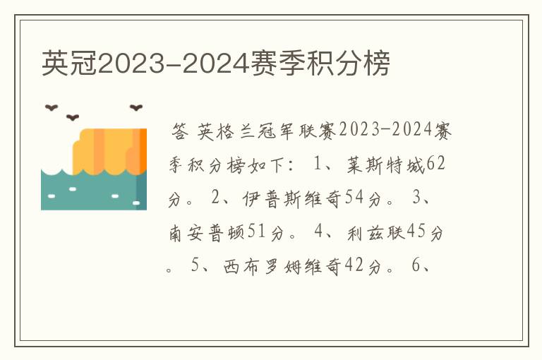 英冠2023-2024赛季积分榜