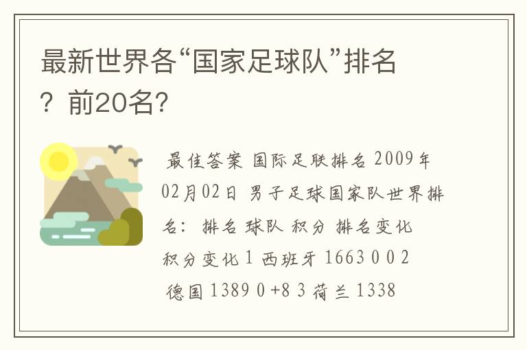 最新世界各“国家足球队”排名？前20名？