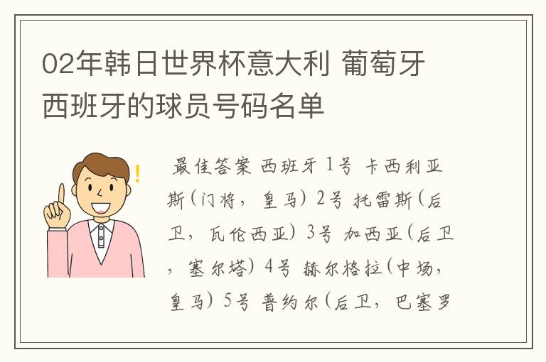 02年韩日世界杯意大利 葡萄牙 西班牙的球员号码名单