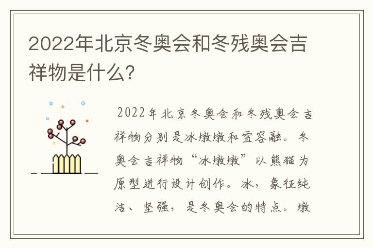 2022年北京冬奥会和冬残奥会吉祥物是什么？