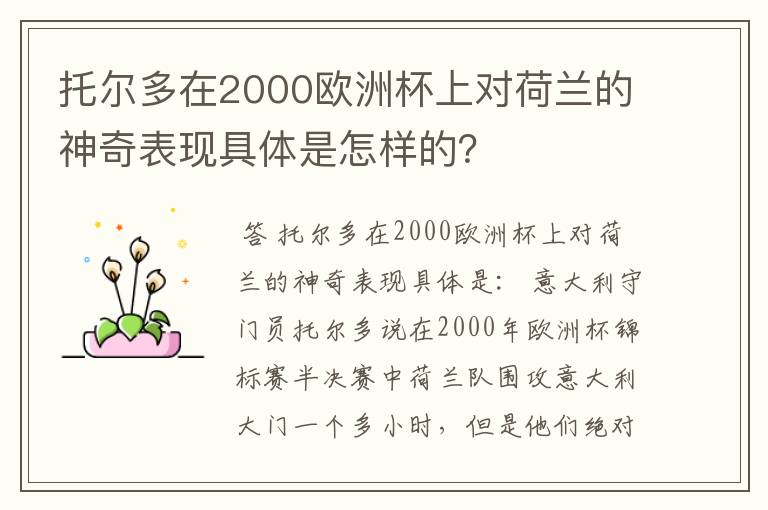 托尔多在2000欧洲杯上对荷兰的神奇表现具体是怎样的？