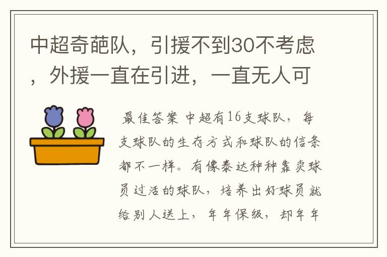 中超奇葩队，引援不到30不考虑，外援一直在引进，一直无人可用