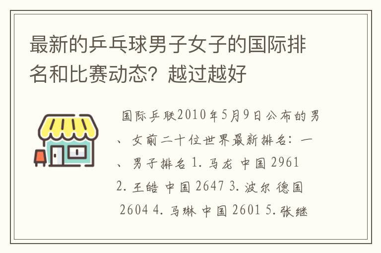 最新的乒乓球男子女子的国际排名和比赛动态？越过越好