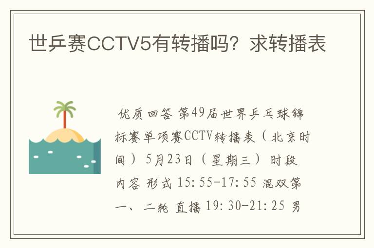 世乒赛CCTV5有转播吗?求转播表