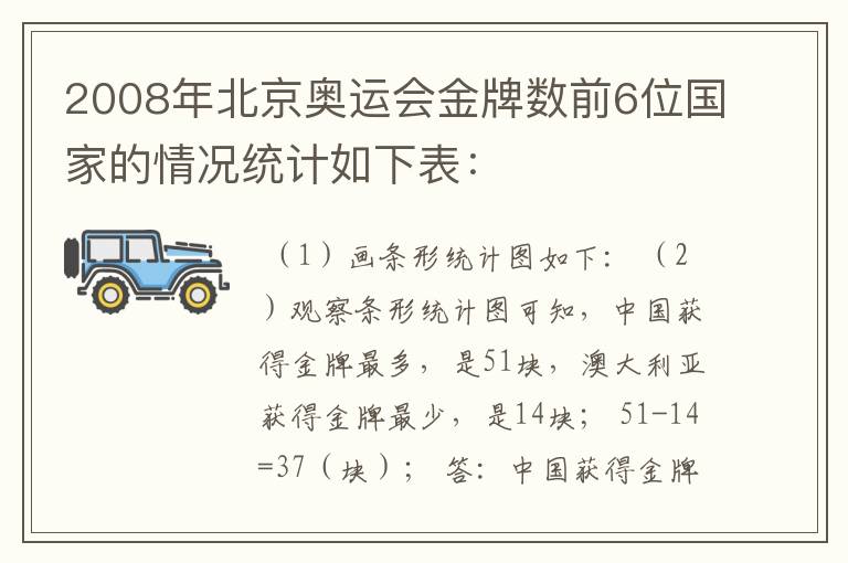 2008年北京奥运会金牌数前6位国家的情况统计如下表：        参赛国家  中国  美国  俄罗斯  英国  德国