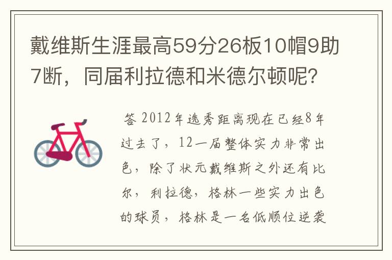 戴维斯生涯最高59分26板10帽9助7断，同届利拉德和米德尔顿呢？