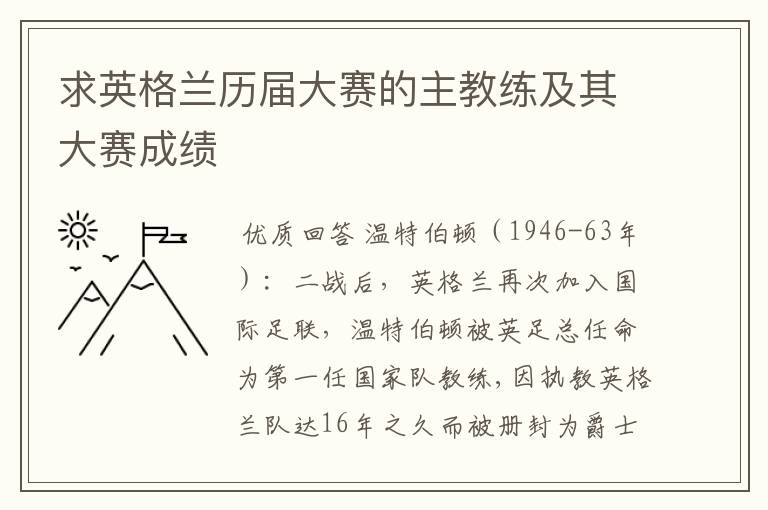 求英格兰历届大赛的主教练及其大赛成绩