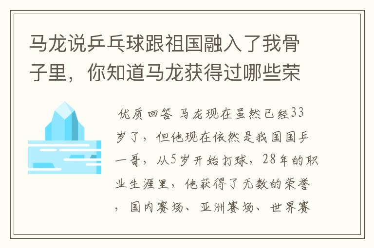 马龙说乒乓球跟祖国融入了我骨子里，你知道马龙获得过哪些荣誉吗？