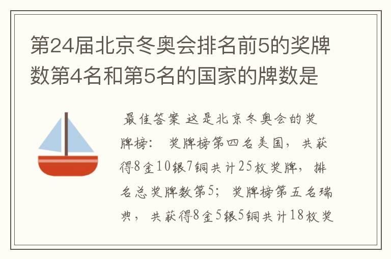 第24届北京冬奥会排名前5的奖牌数第4名和第5名的国家的牌数是多少？