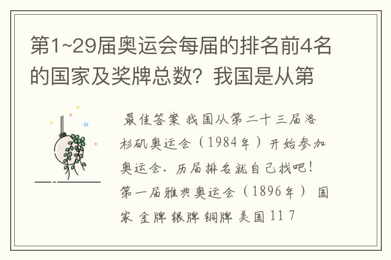 第1~29届奥运会每届的排名前4名的国家及奖牌总数？我国是从第几届开始参加奥运会的？我国每届的排名？