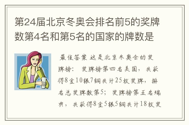 第24届北京冬奥会排名前5的奖牌数第4名和第5名的国家的牌数是多少？