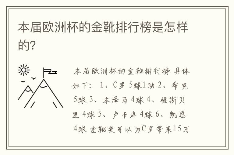 本届欧洲杯的金靴排行榜是怎样的？