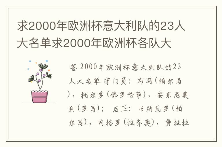 求2000年欧洲杯意大利队的23人大名单求2000年欧洲杯各队大